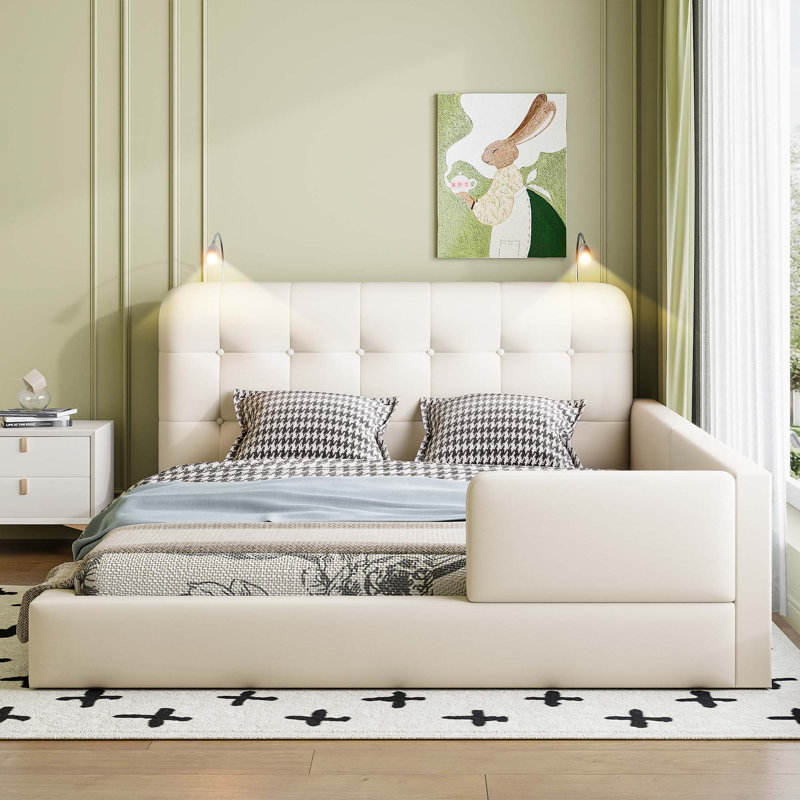 Grand lit plateforme tapissier avec 2 lampes de lecture, Blanc