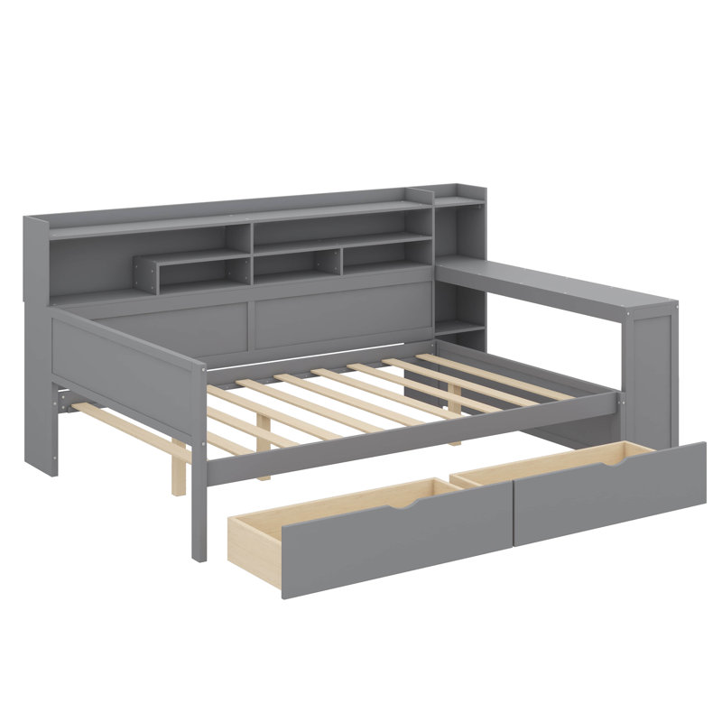 Lit de jour en bois avec tablettes de rangement, lit fonctionnel, Lit double