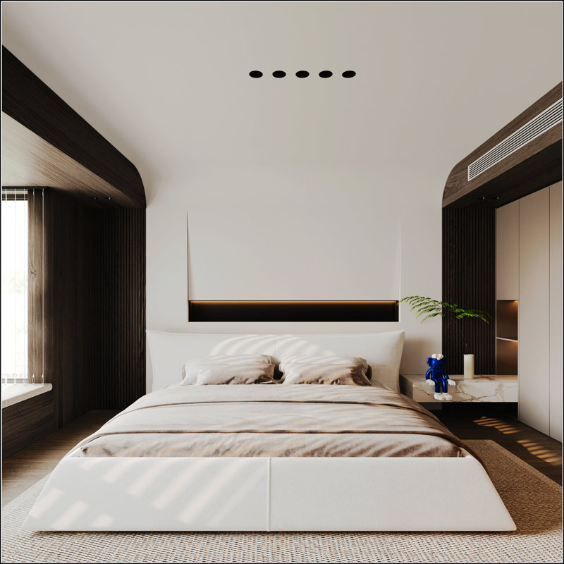 Grand lit plateforme tapissier, Crème, Grand lit