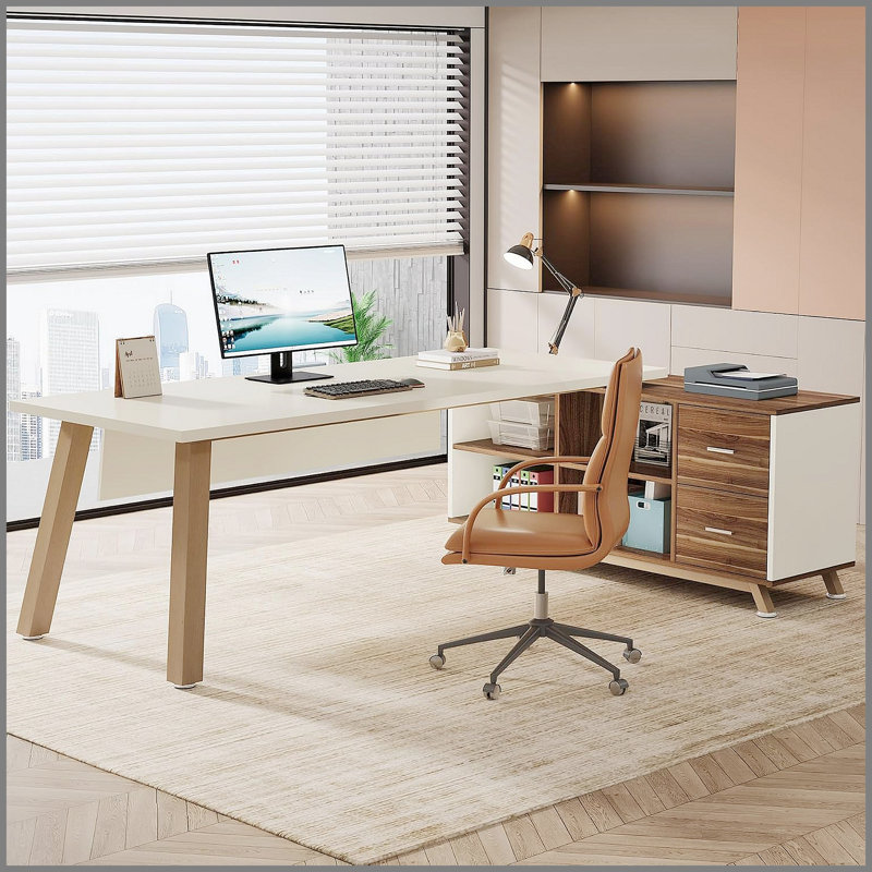 Bureau de direction en L de 78,7 pouces avec classeur de 55 pouces, grand bureau d'ordinateur moderne avec tablettes de rangement et tiroirs pour le bureau à domicile, mobilier de bureau en noyer et blanc