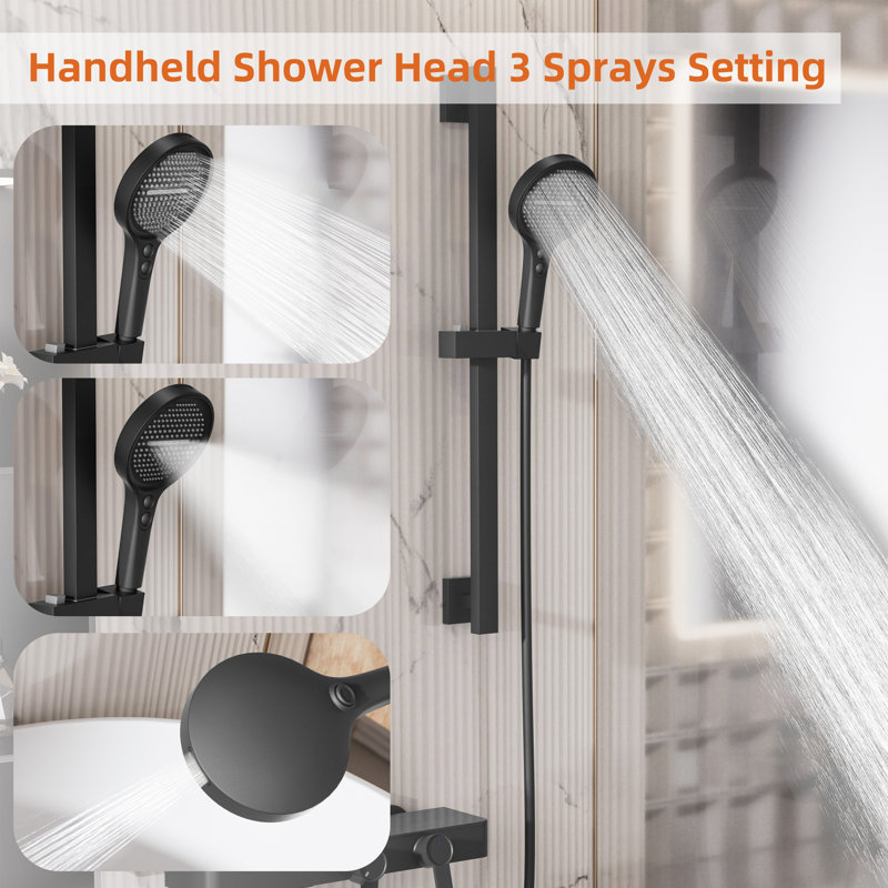2-Function Tub Faucet Set With 3-Mode Handheld Shower, Matte Black, CUPC Certified Ceramic Valve, Waterfall Spout, Height Adjustable Slide Bar, 1.5M Hose