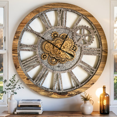 Wall Clock 36" Round Oversized for Living Room decor with Real Moving Gears America Collection