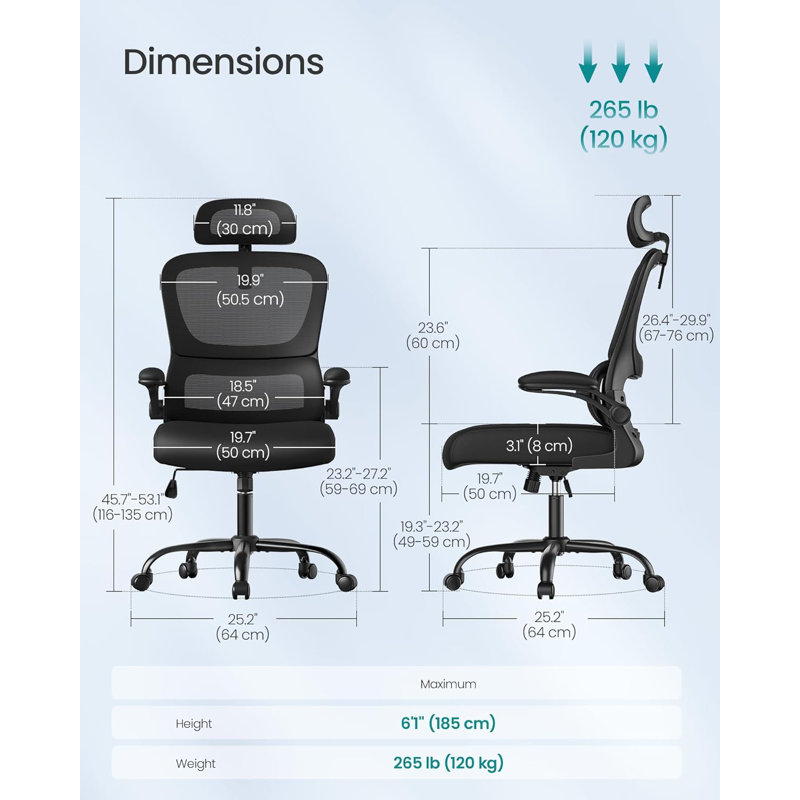 Office Chair, Ergonomic Mesh Chair With Double-Layer Mesh Back For Desk, Foldable Armrests, Adjustable Lumbar Support And Headrest, Tilt Function