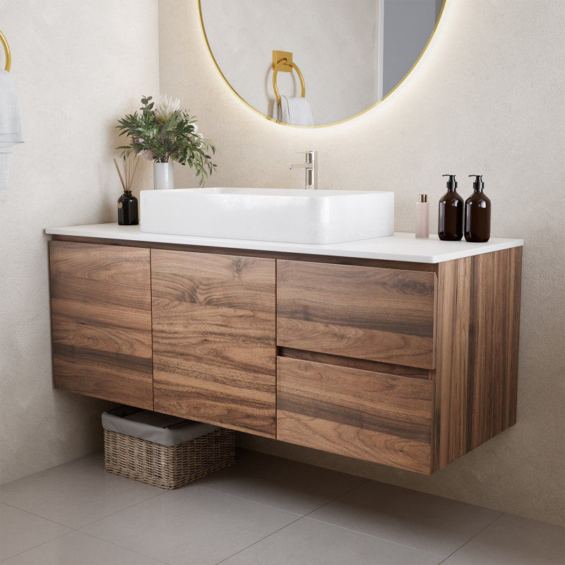 Meuble-lavabo mural moderne 48 po avec placage en noyer et lavabo en céramique blanche