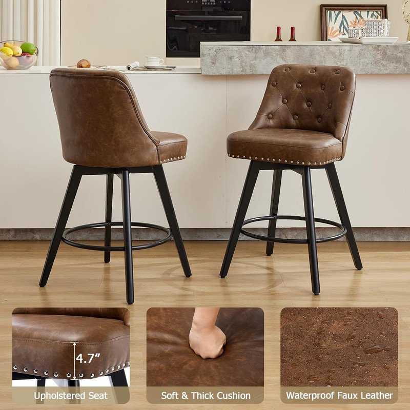 Ensemble de 2 tabourets de bar à hauteur de comptoir, tabourets de bar pivotants avec dossier et pieds en bois, cuir brun