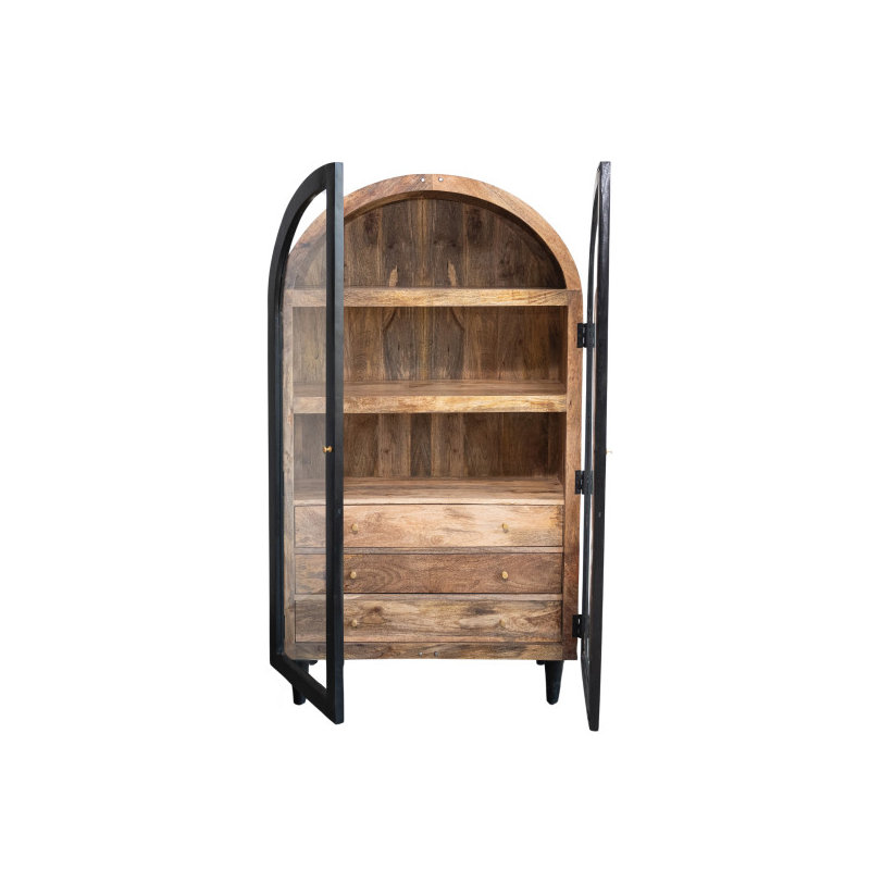 Vitrine arquée en bois de manguier massif avec 3 tiroirs