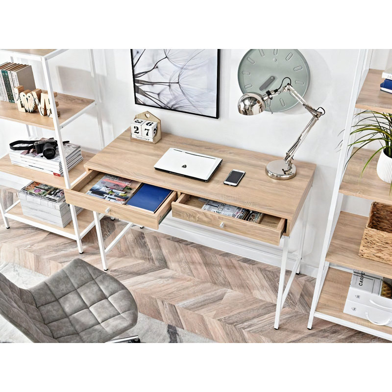 Dawnie Metal Base Writing Desk, White, Oak