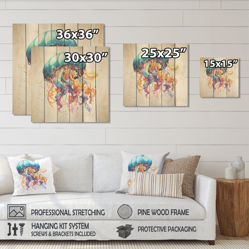 Méduse orange et bleue Jive IV - méduse sur bois, H 15 po x l 15 po