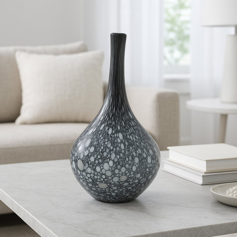 Glass Vase Teardrop Silhouette Speckled Decorative Modern Curved Neck Artisanal Handcrafted Contemporary Accent Sleek Stylish Sculptural Statement Casual Home Decor