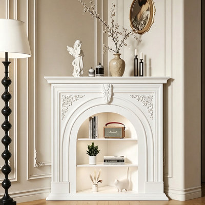 Beige Solid Wood Freestanding Fireplace