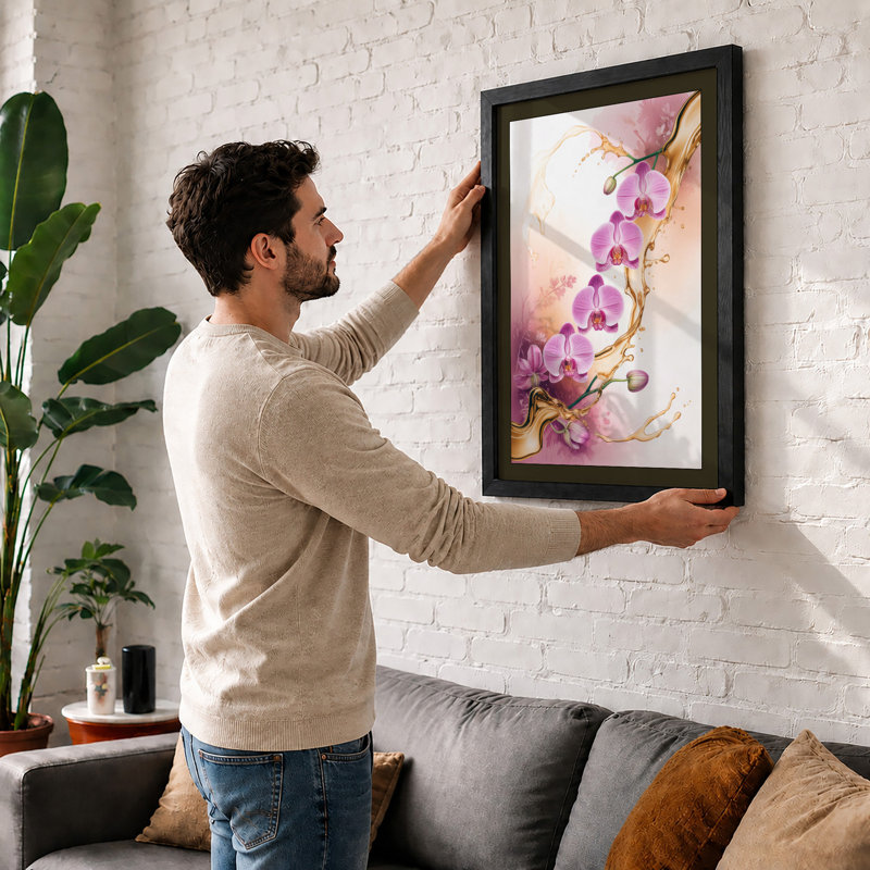 Cascading Orchid Branch Botanical - Framed Print, Walnut, A4 - 29.7 x 21.0 cm