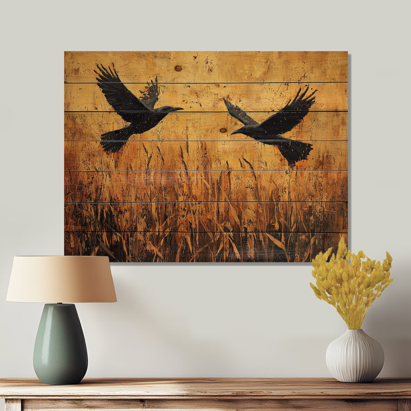 «Dark Crows In The Cornfield V» - Art mural en bois d'oiseau - sur bois de pin naturel, H 24 po x l 32 po x P 0,78 po