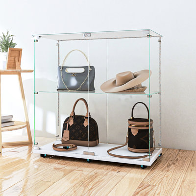 Tempered Glass Display Cabinet With - Rain Effect Led Lights, Lockable For Uneven Surfaces, White, Classic Style, 3 4 Shelves, Engineered Hardwood Base, 13.67" Wide Dimmable Swivel , Suitable Various