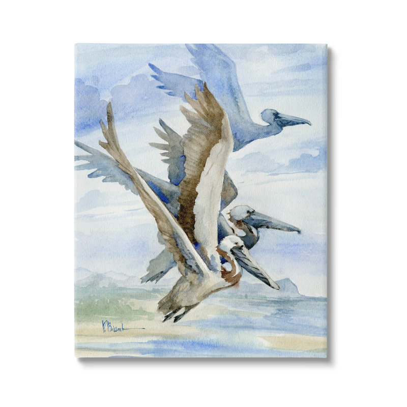 Pelicans Aloft Bird Flight Trio par Paul Brent - peinture sur toile tendue, H 48 po x l 36 po x P 1,5 po