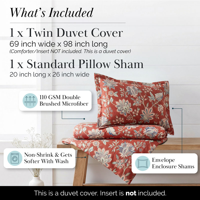 Jacobean Willow oversized duvet cover set, Red, Twin Duvet Cover + 1 Standard  Sham