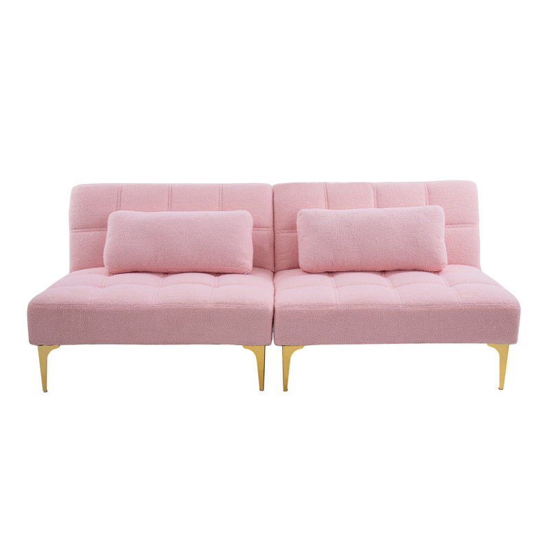 71" Convertible  Sofa Bed Futon With Gold Metal Legs Teddy Fabric, Pink Teddy