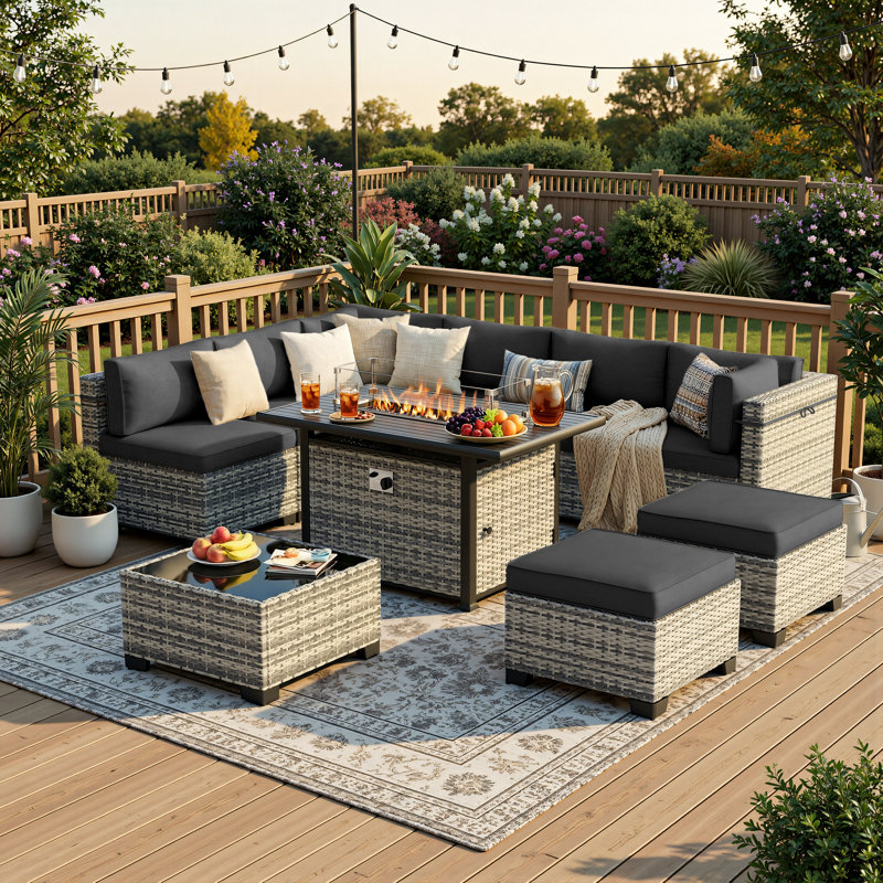 Ensemble de conversation de patio 10 pièces avec table de foyer au propane de 55 000 BTU, canapé modulaire en osier, 2 repose-pieds et table basse