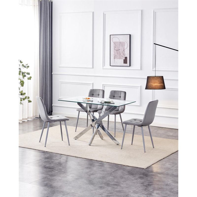 Dining Table and 4 Chairs Rectangle Table 4 Velvet Chairs Dining Set, Grey