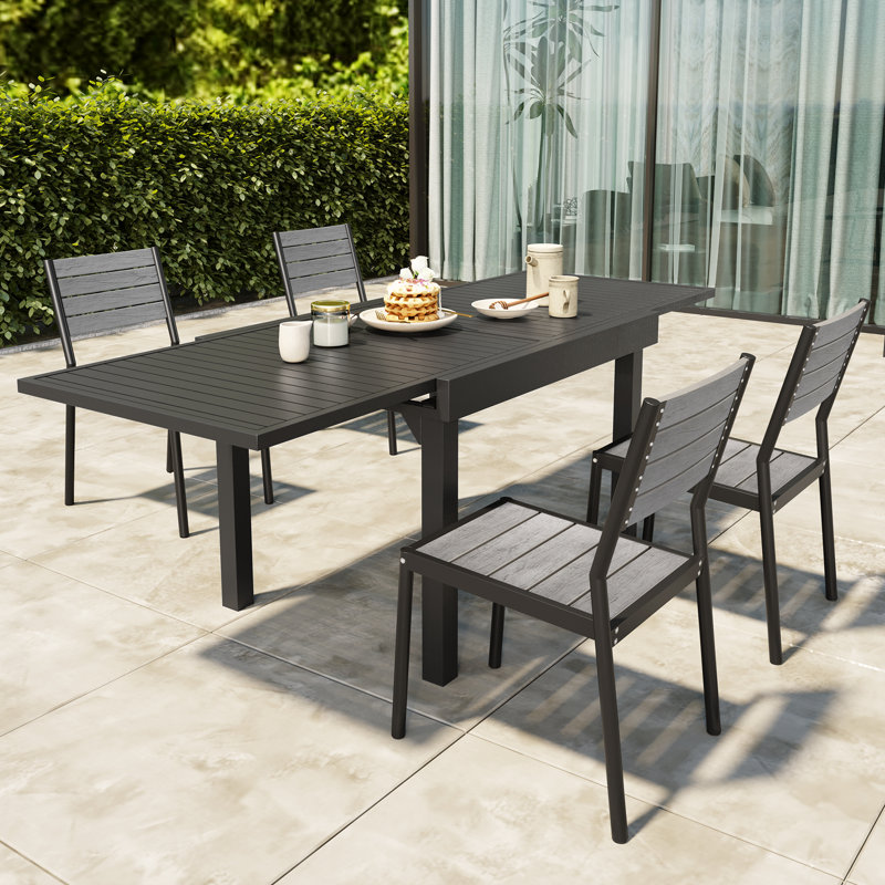 Ensemble de salle à manger d'extérieur rectangulaire pour 4 personnes Betancur - Table extensible en aluminium, 4 chaises sans accoudoirs