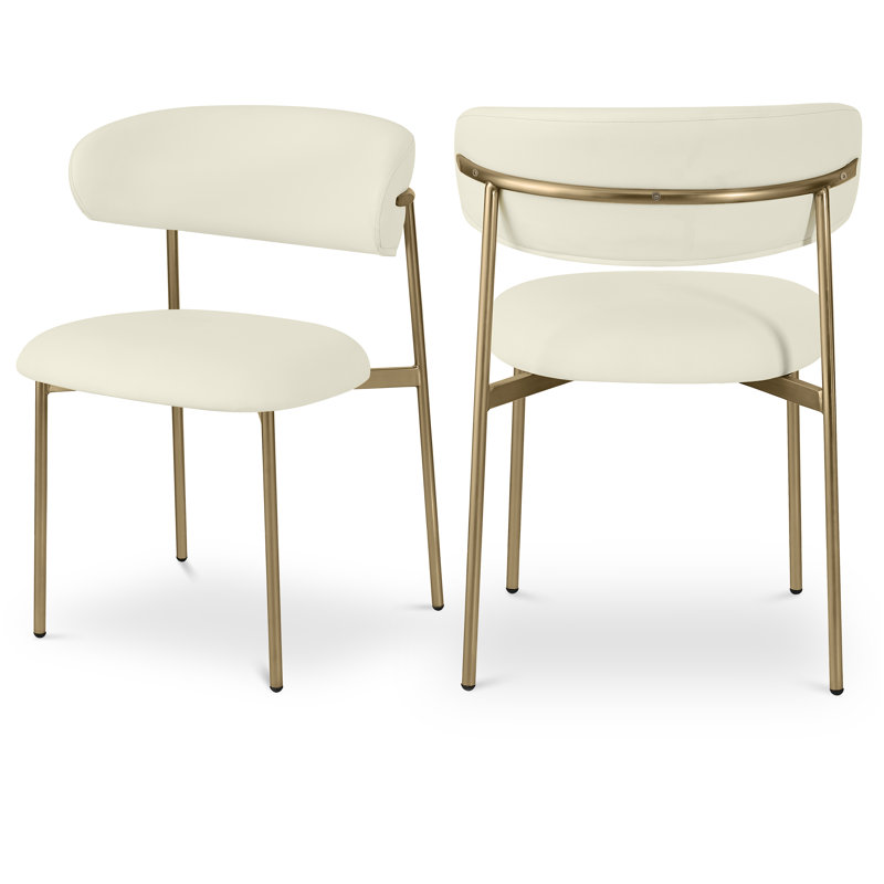 Chaise de salle à manger rembourrée Lupita, Or brossé, Cuir crème végétalien