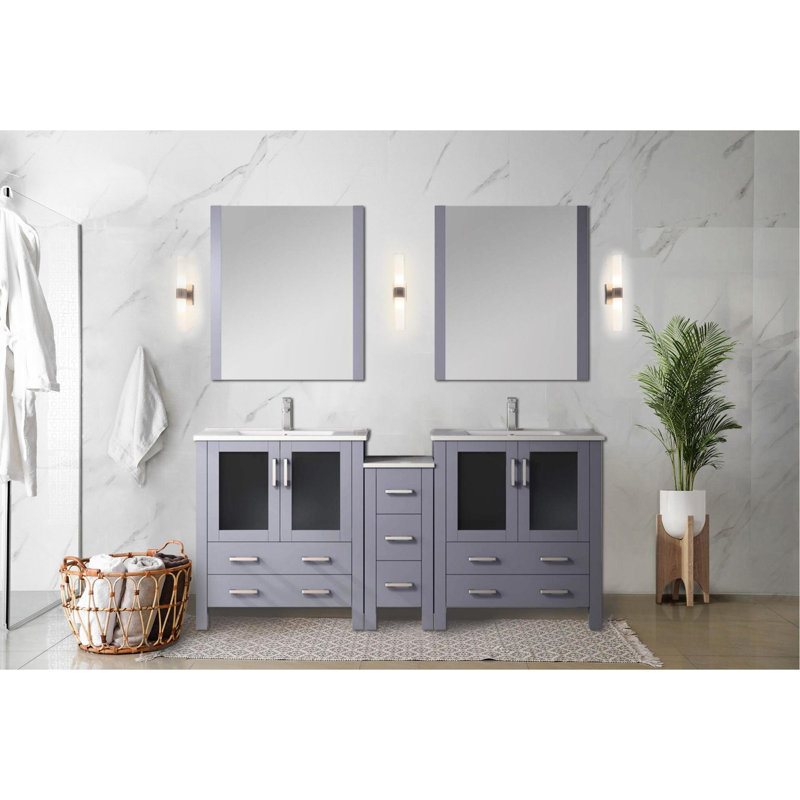 Gris foncé foncé de 72 po W Double meuble-lavabo, comptoir en céramique blanche, miroirs inclus, conception de tiroir à fermeture douce, armoires latérales de meuble-lavabo Scratch, 28 miroirs, système, surface