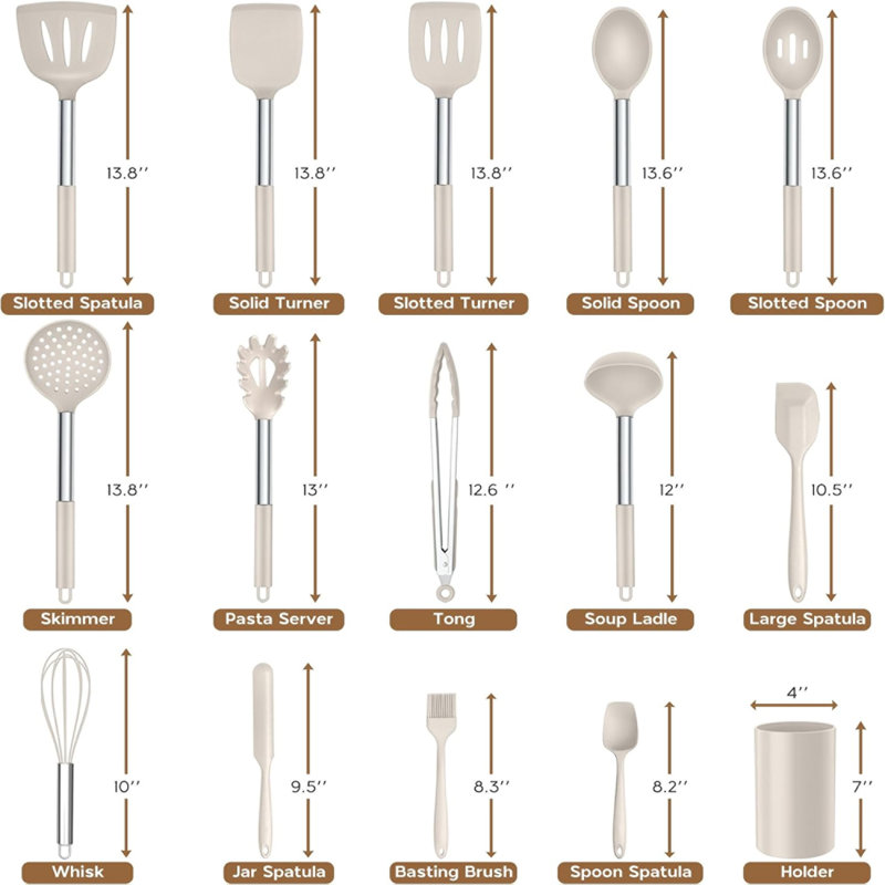 15 Pcs Silicone Cooking Utensil Set,stainless Steel Kitchen Utensils Set,non-stick Heat Resistant,khaki