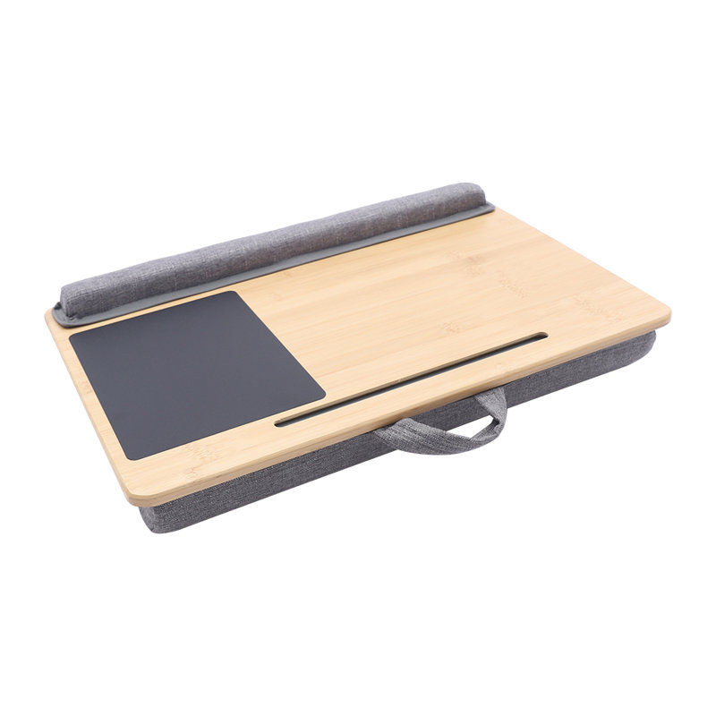 Bureau d'ordinateur portable portatif moderne en bambou rectangulaire avec poignée, fentes pour tablette