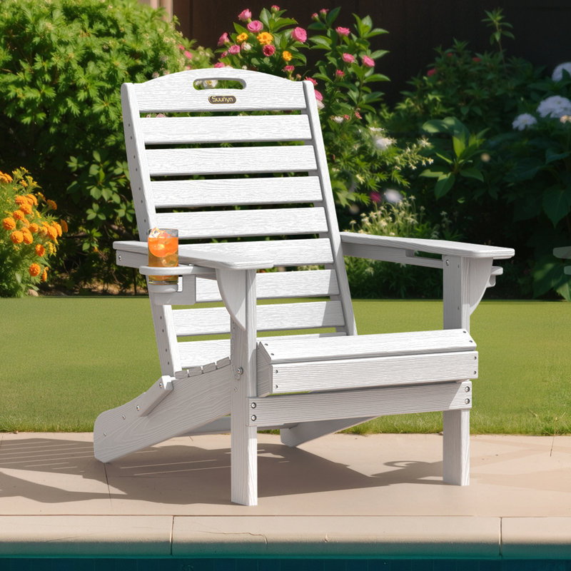 Chaises d'extérieur pour foyer d'extérieur pliables en PEHD résistant aux intempéries avec porte-gobelet Adirondack, Blanc