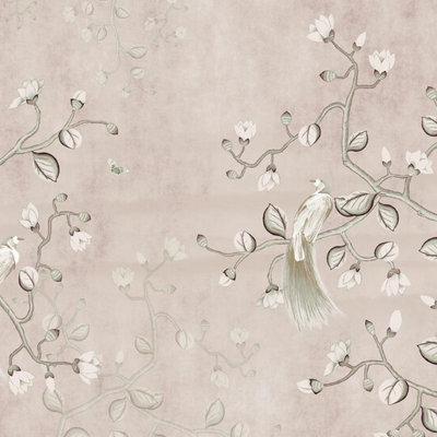 Murale douce et florale beige avec des oiseaux élégants et un motif botanique rétro