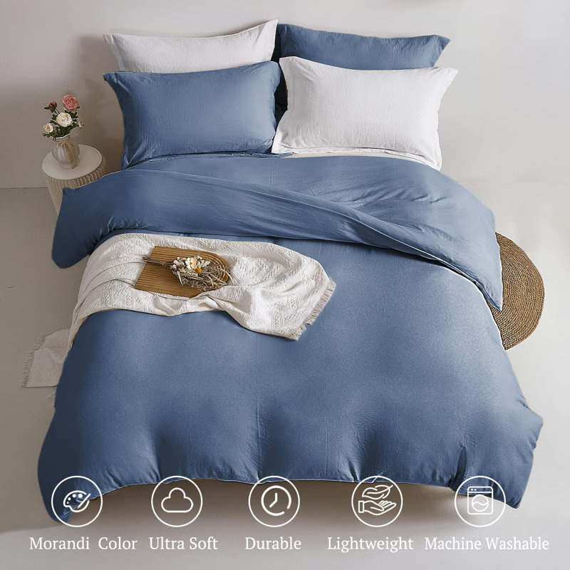 Super Soft Duvet Cover - 100% Washed Microfiber Comforter Cover Set 3 Pieces with Zipper Closure & Corner Ties, Light Denim