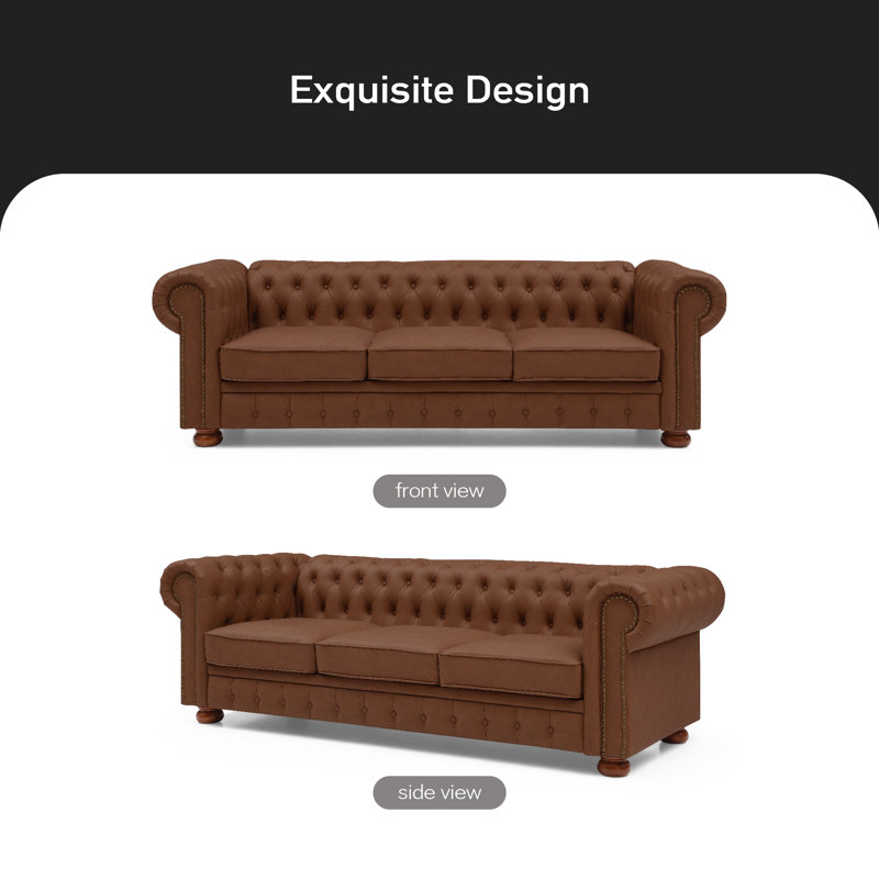 Navas 88.5" Vegan Leather Chesterfield Sofa, Faux Leather Brown