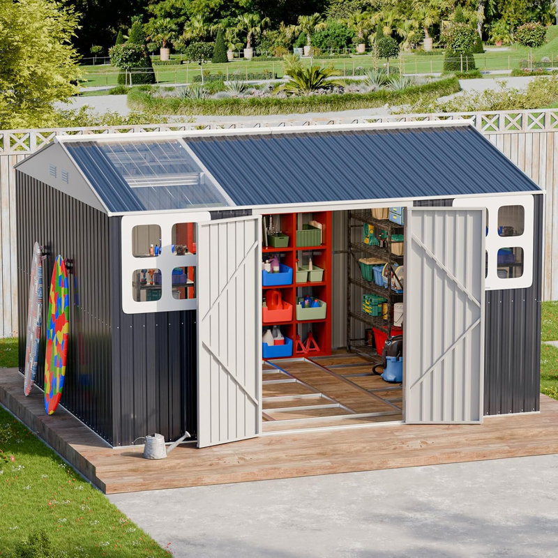 Remise de rangement extérieure en métal 10 x 12 pi avec cadre de base, évent unique pour fenêtres de patio, gris foncé