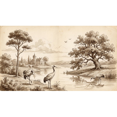 Papier peint sépia, paysage rétro, toile de rivière amovible, décoration murale