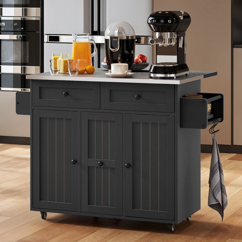  Kitchen Island With Drop Leaf & Wheels, 40.5" Mobile Cart With Storage Drawers & Locking Casters, Black