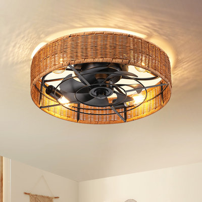 19.7" Flush Mount Boho Rattan Ceiling Fan with Light and Remote Control