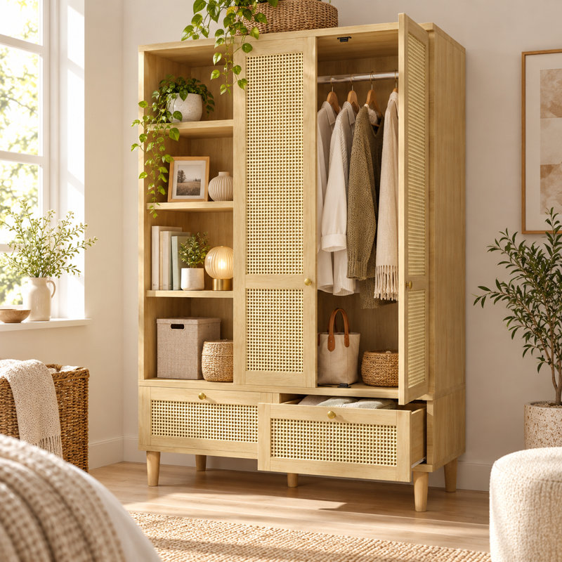 2-Door and 2 Drawers Rattan Wardrobe with Hanging Rack and 4 Shelving Compartments