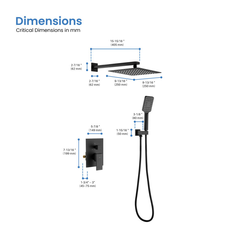 Système de douche cubique à pression équilibrée 2 fonctions avec valve brute, Noir mat