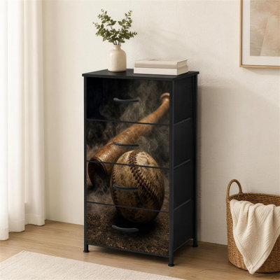 4-Drawer Dresser for Bedroom Vintage Baseball Wooden Bat Smoky Small Tall Clothes Dresser for Closet Organizers with Chest of Drawers Fabric Storage Bins Dressers