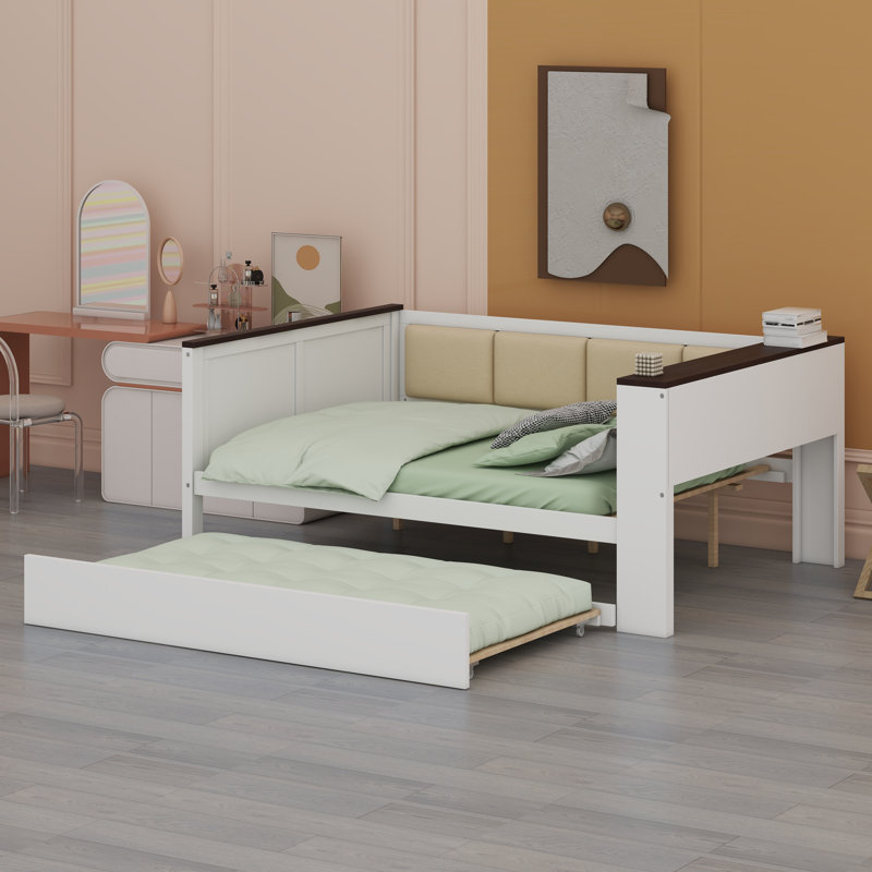 Space-Saving Wood Daybed With Storage Shelves, Comfortable Upholstered Backrest, USB Port & Roll-Out Trundle Bed, Full 