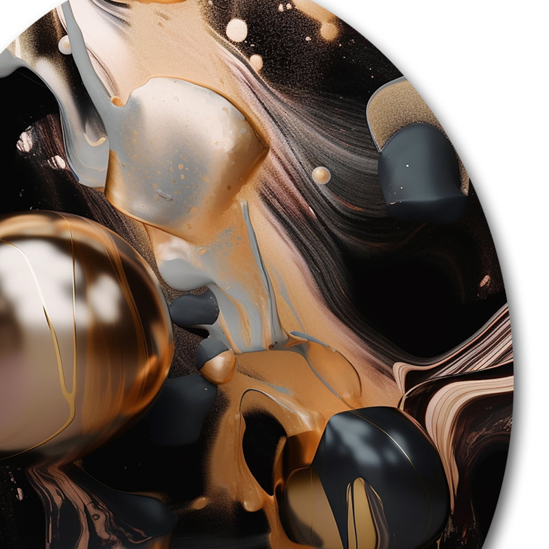 Voyage doré à travers le marbre IV - art abstrait rond en marbre sur métal, H 36 po x l 36 po x P 1 po