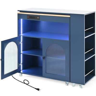 Large Kitchen Island With Movable Table, Led Lights, Power Outlets & Robust Construction, Navy Rolling Extended Tabletop, Ports, 3 Sockets, Fluted Glass Doors,