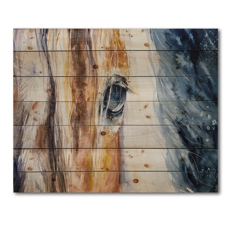 Gros plan sur un magnifique œil de cheval I - impression campagnarde sur bois de pin naturel, H 15 po x l 30 po x P 0,78 po