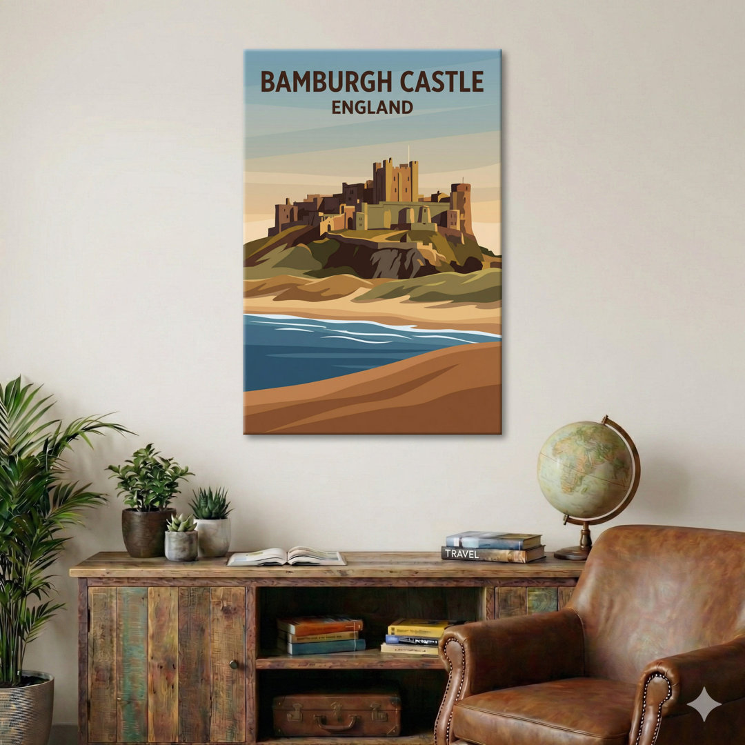 Bamburgh Castle, England - Romantic Coastal Fortress Travel Poster. Giclée Print On Wrapped Canvas. Wall Art, Home Decor - Castles & Palaces, England