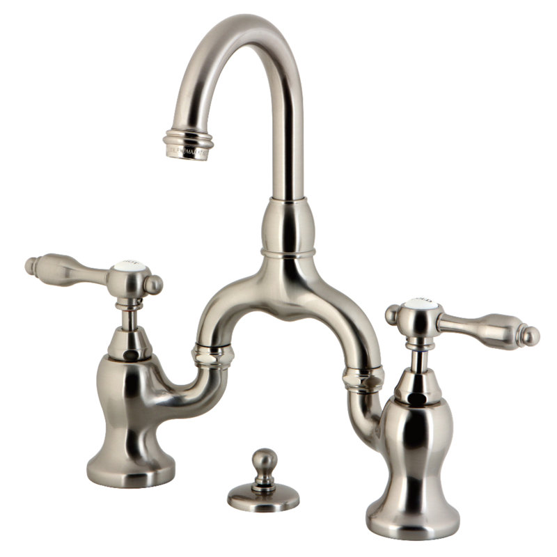 Kingston Brass Tudor Two-Handle 3-Hole Deck Mount Bridge Bathroom Faucet with Brass Pop-Up, Brushed Nickel