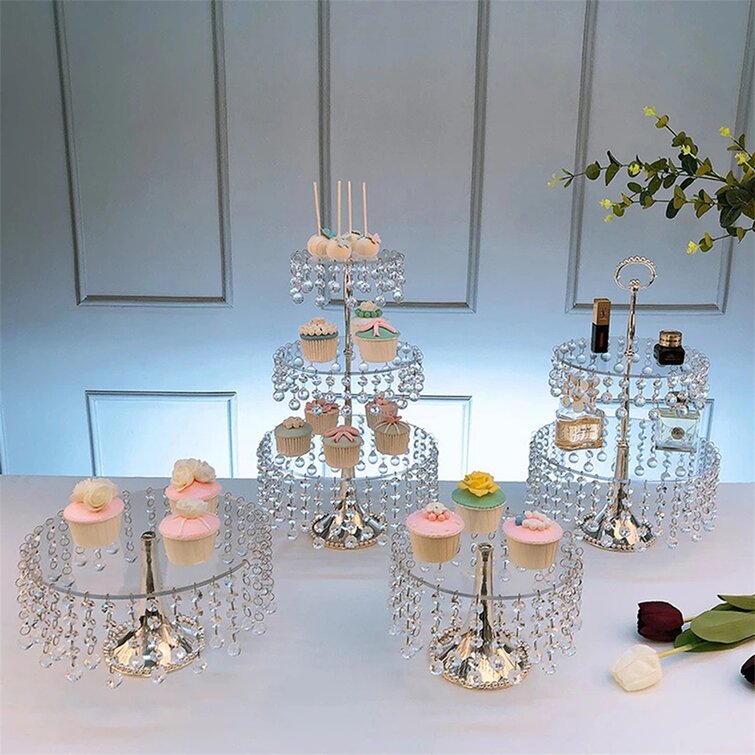 Dmaris 4 Piece Crystal Metal Cake with Beads Cake Stand Set