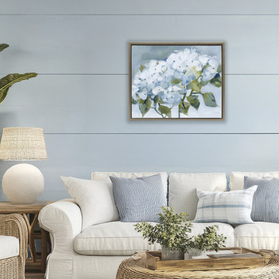 Blue Spring Cottage Hydrangeas Floating Frame, design by Katrina Pete
