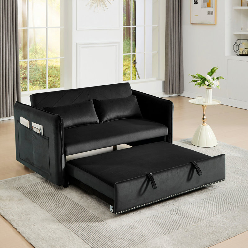 Canapé-lit convertible, petite causeuse avec coussins et poches latérales, Noir