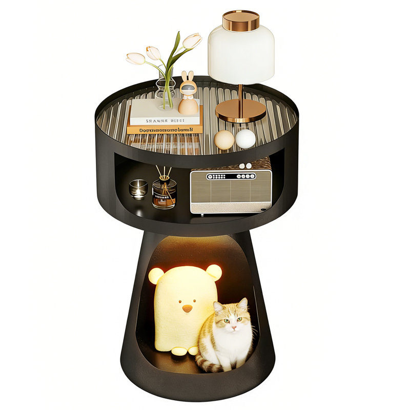 15.74 “ Wide Toughened Glass Round End Table, Pet-Friendly Side Table, Black Steel Bedside Table.