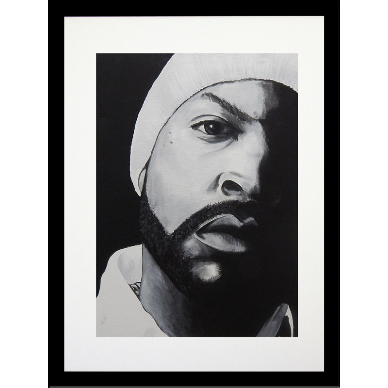 «Ice Cube», reproduction de dessin, H 22,5 po x l 18,5 po, Papier avec cadre noir, Blanc mat