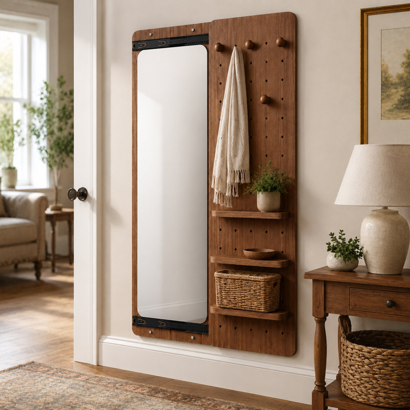  Modern Rubber Wood Wall Mounted Full Length Mirror with Sliding Panel and Adjustable Storage